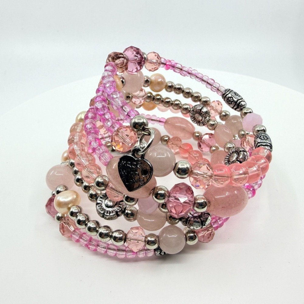 Y2K Pink Rose Quartz Faux Pearl Beaded Memory Wire Cuff Wrap Bracelet Bohemian